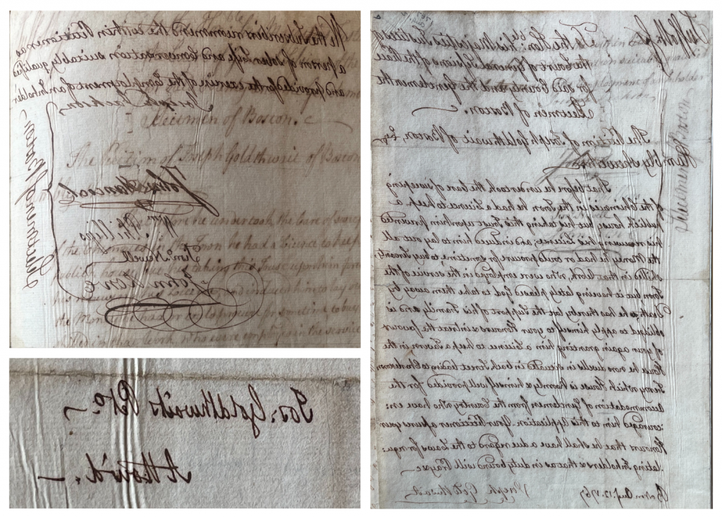 Three images of handwritten manuscript documents. One document is the petition of Joseph Goldthwait, signed on Boston Aug. 12. 1767. Another document reads "We the Subscribers recommend the within Petitioner as a person of sober Life and Conversation suitably qualified and provided for the exercise of the employment of an Inholder." It is signed by
Joseph Jackson, John Hancock, Wm. Phillips, Timo. Newell, and John Rowe. The third document is a closeup of text that reads: 
"Jos. Goldthwaits Peto.
Allow'd."
